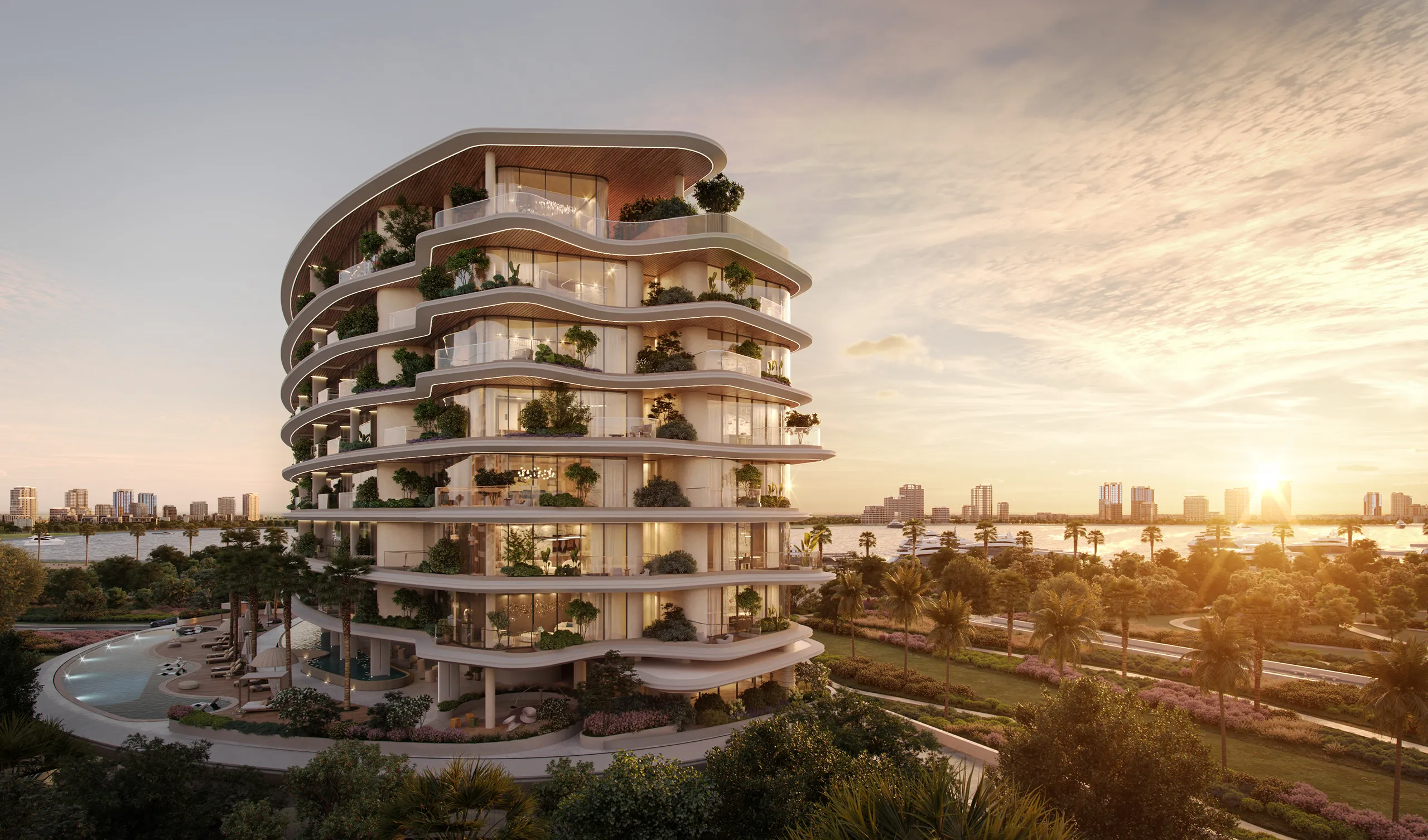 High aerial rendering of Lia within the wider Dubai coastline and urban context